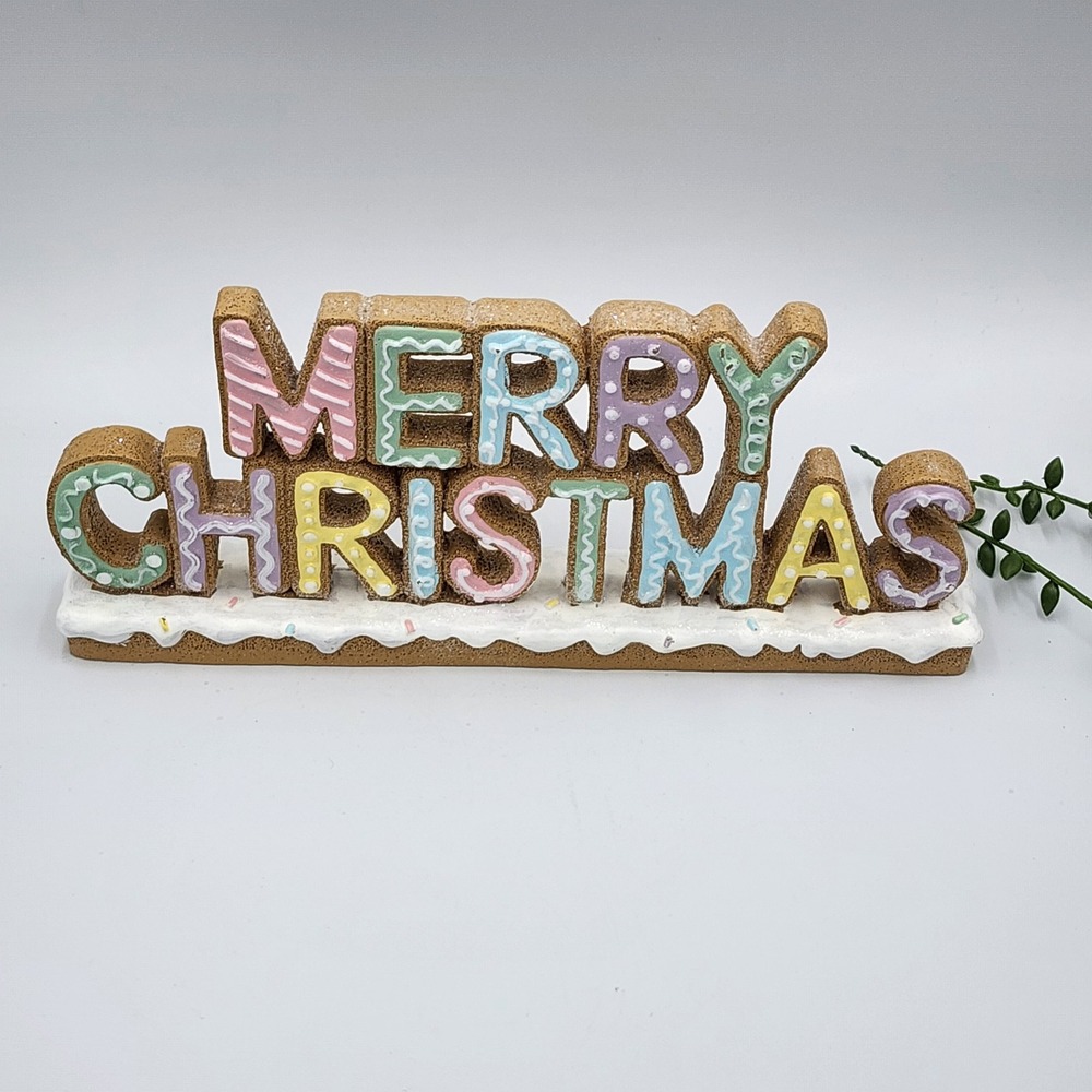 Pastel Gingerbread Merry Christmas Sign Tabletop Resin Holiday Decor 10.5" NEW